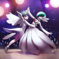 2girls blue_eyes bob_cut colored_skin creatures_(company) dancing diantha_(pokemon) dirty_ero dress elbow_gloves game_freak gardevoir gen_3_pokemon gloves green_hair hair_over_one_eye holding_hands jacket jewelry mega_gardevoir mega_pokemon multiple_girls necklace nintendo open_mouth pink_eyes pokemon pokemon_(creature) pokemon_xy signature smile spotlight strapless strapless_dress white_dress white_footwear white_gloves white_jacket white_skin