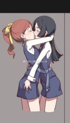 Rule 34 | 10s, 2girls, ass grab, barbara parker, black hair, blush, brown hair, commentary request, cowboy shot, closed eyes, hand on another&#039;s hip, hand on another&#039;s neck, hannah england, highres, hug, kiss, little witch academia, long hair, multiple girls, mutual hug, ponytail, qiongsheng, school uniform, sweat, yuri
