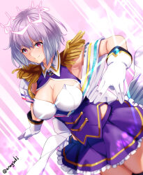 Rule 34 | 1girl, aona (anagasaki), armpits, breasts, cleavage, cowboy shot, dutch angle, frilled skirt, frills, gloves, gridman universe, highres, large breasts, looking at viewer, purple hair, purple skirt, red eyes, shinjou akane, short hair, skirt, smile, solo, ssss.gridman, twitter username, white gloves