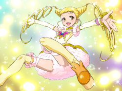 Rule 34 | 00s, 1girl, :d, blonde hair, blush, boots, cone hair bun, cure lemonade, detached sleeves, dress, drill, drill hair, earrings, eyelashes, frills, hair bun, jewelry, joy ride, kasugano urara (yes! precure 5), long hair, magical girl, open mouth, precure, smile, solo, thigh boots, thighhighs, twin drills, twintails, yellow eyes, yes! precure 5