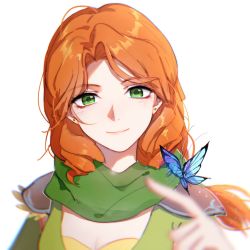 Rule 34 | 1girl, blue butterfly, blurry, blurry foreground, breasts, bug, butterfly, cape, cleavage, closed mouth, dota (series), dota 2, earrings, eren (artist), forehead, green eyes, highres, index finger raised, insect, jewelry, long hair, looking at viewer, orange hair, simple background, smile, solo, white background, windranger (dota)