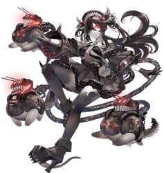 Rule 34 | 1girl, abyssal ship, bare shoulders, black gloves, black hair, black sclera, black shoes, breasts, colored sclera, colored skin, dress, frilled dress, frills, full body, gloves, glowing, glowing eye, hat, headgear, horns, hoshiakari (c2 kikan), kantai collection, long hair, necktie, official art, pale skin, ra-class destroyer, ra-class destroyer alpha, red eyes, school uniform, serafuku, shoes, spikes, transparent background, white necktie, white skin