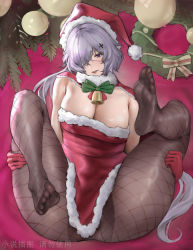 Rule 34 | 1girl, absurdres, arknights, bell, boingoo, breasts, cape, chinese commentary, christmas, cleavage, eyepatch, feet, female focus, fishnet pantyhose, fishnets, hair over one eye, hat, highres, legs, light purple hair, long hair, looking at viewer, lying, medium hair, on back, pantyhose, parted lips, purple eyes, santa costume, santa hat, sleeveless, solo, thighs, toes, very long hair, watermark, whisperain (arknights)