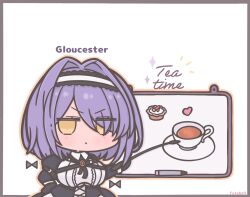 artist_name azur_lane breasts character_name chibi cleavage_cutout clothing_cutout collar cup cupcake english_text eyebrows food futaba gloucester_(azur_lane) hair_intakes hair_over_one_eye hairband hand_on_own_hip heart large_breasts maid maid_headdress marker_pen purple_hair riding_crop saucer short_hair simple_background tea teacup white_background whiteboard yellow_eyes