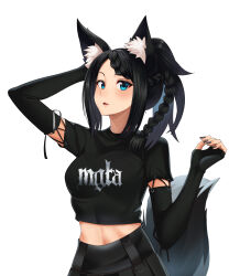 Rule 34 | 1girl, absurdres, animal ear fluff, animal ears, arm up, warrior of light (ff14), black gloves, black hair, black nails, black shirt, black skirt, blue eyes, braid, breasts, commission, crop top, cropped shirt, elbow gloves, final fantasy, final fantasy xiv, fingerless gloves, fox ears, fox girl, fox tail, gloves, hand up, highres, long hair, looking at viewer, medium breasts, midriff, nail polish, open mouth, pleated skirt, ponytail, rifqiaji, shirt, short sleeves, sidelocks, simple background, skirt, solo, tail, upper body, white background