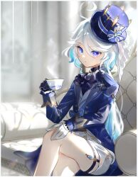 Rule 34 | 1girl, absurdres, ahoge, blue eyes, blue hat, blue jacket, cup, fujito (call f ), furina (genshin impact), genshin impact, hat, highres, holding, holding cup, indoors, jacket, long hair, long sleeves, looking at viewer, short shorts, shorts, sitting, solo, teacup, thigh strap, thighs, top hat, very long hair, white hair, white shorts