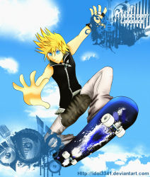 Rule 34 | 1boy, blonde hair, blue eyes, highres, kingdom hearts, male focus, outstretched arms, roxas, skateboard, solo