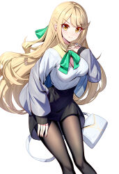 Rule 34 | 1girl, absurdres, bag, black skirt, blonde hair, bow, breasts, brown eyes, brown pantyhose, cleavage, closed mouth, collared shirt, commentary, feet out of frame, green bow, hair bow, hand up, handbag, heart, heart-shaped pupils, highres, long hair, long sleeves, looking at viewer, medium breasts, mythra (xenoblade), pantyhose, puffy long sleeves, puffy sleeves, ririko (zhuoyandesailaer), shirt, simple background, skirt, smile, solo, symbol-shaped pupils, v-shaped eyebrows, very long hair, white background, white shirt, xenoblade chronicles (series), xenoblade chronicles 2, yellow shirt