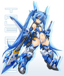 Rule 34 | 1girl, armor, blue eyes, blue footwear, blue hair, boots, character name, elbow gloves, flat chest, full body, gloves, hand on own hip, highres, karukan (monjya), long hair, matching hair/eyes, mecha musume, navel, ore twintail ni narimasu, polearm, revealing clothes, solo, spear, standing, tailblue, thigh boots, thighhighs, tsube aika, twintails, weapon, white background, wide hips