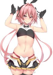 Rule 34 | 1boy, animal ears, astolfo (fate), astolfo (saber) (fate), black gloves, black thighhighs, blush, bow, bowtie, breath, crop top, crossdressing, fake animal ears, fang, fate/grand order, fate (series), flat chest, gloves, hair ribbon, heart, heart-shaped pupils, highres, kuavera, long hair, male focus, microskirt, midriff, multicolored hair, navel, parted lips, pink eyes, pink hair, ribbon, short hair with long locks, signature, skirt, smile, solo, standing, stomach, streaked hair, symbol-shaped pupils, thighhighs, thighs, trap, twintails, very long hair, white background, zettai ryouiki
