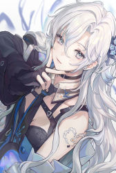 Rule 34 | 1girl, absurdres, akioair, bibimbub, character request, choker, closed mouth, earrings, grey eyes, hair between eyes, hand up, highres, jacket, jewelry, long hair, looking at viewer, mole, necktie, portrait, silver hair, solo, virtual youtuber