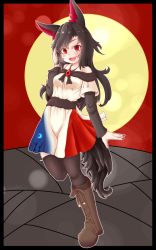 Rule 34 | 1girl, animal ears, bad id, bad pixiv id, bamboo, blush, boots, breasts, brooch, brown hair, dress, fangs, fingernails, full moon, green nails, haruirokomici, highres, imaizumi kagerou, jewelry, long hair, medium breasts, moon, multicolored clothes, multicolored skirt, nail polish, off shoulder, open mouth, red eyes, red nails, skirt, solo, tail, thighhighs, touhou, wide sleeves, wolf ears, wolf tail