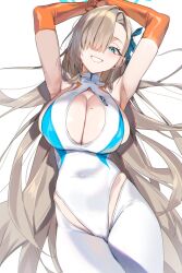 Rule 34 | 1girl, armpits, arms up, asuna (blue archive), blue archive, blue eyes, blue ribbon, breasts, cameltoe, cleavage, cleavage cutout, cleft of venus, clothing cutout, commentary, covered navel, elbow gloves, gloves, grin, hair over one eye, hair ribbon, halo, highleg, highleg leotard, highres, leotard, long hair, looking at viewer, mole, mole on breast, orange gloves, pinkmill, ribbon, simple background, skindentation, smile, solo, very long hair, white background, white leotard