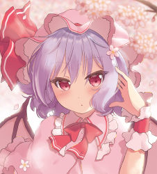 Rule 34 | 1girl, bat wings, beni kurage, blue hair, blush, bow, bowtie, capelet, cherry blossoms, commentary request, dress, flower, frilled shirt collar, frills, hair between eyes, hair flower, hair ornament, hand in own hair, hand up, hat, hat ribbon, highres, looking at viewer, mob cap, petals, pink background, pink capelet, pink dress, pink flower, pink hat, red bow, red bowtie, red eyes, red ribbon, remilia scarlet, ribbon, short hair, solo, touhou, upper body, wings, wrist cuffs