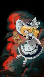 Rule 34 | 1girl, absurdres, apron, black footwear, black hat, black skirt, black vest, blonde hair, blush, bow, braid, broom, broom riding, closed mouth, cloud, commentary, floating hair, frilled skirt, frills, full body, gap (touhou), green bow, hair bow, hat, hat bow, highres, holding, holding broom, kirisame marisa, light frown, long hair, looking at viewer, neruzou, puffy short sleeves, puffy sleeves, shirt, shoes, short sleeves, single braid, skirt, solo, touhou, vest, waist apron, white apron, white bow, white shirt, witch hat, yellow eyes