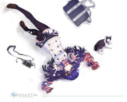 Rule 34 | 1girl, bag, blue eyes, blue hair, camera, cat, coat, hair ornament, hairclip, matching hair/eyes, original, outstretched arms, scarf, school bag, skirt, snow, snowing, solo, thighhighs, yuugen, zettai ryouiki