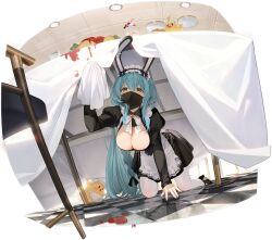 Rule 34 | 1girl, all fours, animal ears, apron, aqua hair, azur lane, black bow, black dress, black footwear, black ribbon, blue hair, boise (azur lane), boise (flawed but delectable) (azur lane), bow, bowtie, braid, breasts, byulzzi, center opening, chair, checkered floor, cleavage, dress, fake animal ears, food, hair ribbon, high heels, highres, holding, juliet sleeves, large breasts, long hair, long sleeves, looking at viewer, maid, maid apron, maid headdress, manjuu (azur lane), mask, mouth mask, non-web source, official alternate costume, official art, omelet, omurice, pantyhose, puffy sleeves, rabbit ears, ribbon, single braid, table, tablecloth, under table, very long hair, white bow, white bowtie, white pantyhose, yellow eyes