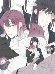 Rule 34 | ..., 2girls, black coat, black hair, blush, closed eyes, closed mouth, coat, collared shirt, commentary request, cuddling, gradient hair, highres, illusion moon, korean commentary, long hair, long sleeves, multicolored hair, multiple girls, parted lips, path to nowhere, pillow, purple hair, rahu (path to nowhere), scar, scar across eye, shalom (path to nowhere), shirt, sleeping, sleeping on person, spoken ellipsis, sweatdrop, under covers, white hair, white shirt, yuri