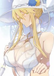 Rule 34 | 1girl, artoria pendragon (all), artoria pendragon (fate), artoria pendragon (swimsuit ruler) (fate), artoria pendragon (swimsuit ruler) (second ascension) (fate), bare shoulders, blonde hair, braid, breasts, cleavage, cleavage cutout, closed mouth, clothing cutout, fate/grand order, fate (series), french braid, green eyes, hair between eyes, hat, highres, holding hands, jewelry, large breasts, long hair, looking at viewer, necklace, nogi (acclima), one-piece swimsuit, parasol, sidelocks, solo focus, sun hat, swimsuit, umbrella, white headwear, white one-piece swimsuit
