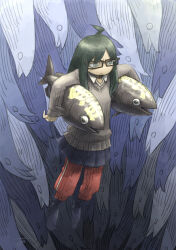 Rule 34 | 1girl, ahoge, annoyed, black socks, blue background, chiyo maru, closed mouth, collared shirt, commentary request, fish, fish background, furrowed brow, glasses, grey background, grey eyes, grey sweater, highres, jitome, layered clothes, long hair, long sleeves, looking ahead, multicolored background, no shoes, original, pants, pants under skirt, pleated skirt, red pants, riding, shirt, signature, skirt, sleeves past wrists, socks, solo, sweater, track pants, translation request, white shirt