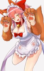 Rule 34 | 1girl, :d, animal ears, animal hands, apron, armpits, bell, blush, bow, breasts, cleavage, collar, cowboy shot, fang, fate/grand order, fate (series), fox ears, fox tail, gloves, hair between eyes, hair bow, highres, jingle bell, large breasts, leg up, long hair, maid headdress, naked apron, neck bell, nyakonro (nekonro), open mouth, paw gloves, paw print, pink hair, ponytail, red bow, sideboob, smile, solo, tail, tamamo (fate), tamamo cat (fate), tamamo cat (third ascension) (fate), tamamo no mae (fate/extra), yellow eyes