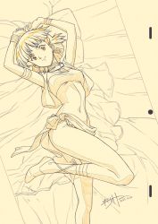 Rule 34 | 1girl, absurdres, animation paper, armpits, arms up, artist name, ass, bandeau, bed, bed sheet, bob cut, bracelet, breasts, closed mouth, color trace, commentary, cross-laced footwear, curled fingers, date naoto, dated, earrings, foot up, from above, fushigi no umi no nadia, gem, hands up, highres, hoop earrings, jewelry, light smile, looking at viewer, lying, midriff, monochrome, nadia la arwall, navel, neck ring, necklace, on back, on bed, pelvic curtain, pendant, sandals, scan, sepia, sepia background, short hair, signature, small breasts, smile, solo, traditional media, vest
