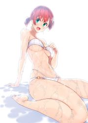 Rule 34 | 1girl, amami amayu, bare shoulders, bikini, blush, boudica (fate), breasts, cleavage, collarbone, earrings, fate/grand order, fate (series), feet, green eyes, hand on own chest, highres, hip focus, jewelry, large breasts, legs, looking at viewer, navel, o-ring, open mouth, red hair, short hair, short ponytail, simple background, sitting, smile, solo, swimsuit, thighs, wariza, wet, white background, white bikini