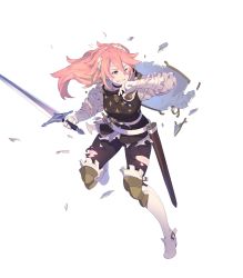 Rule 34 | 1girl, belt, broken shield, brown eyes, fire emblem, fire emblem fates, fire emblem heroes, full body, gambeson, gloves, grin, hairband, highres, holding, holding sword, holding weapon, injury, knee pads, looking back, nintendo, official art, one eye closed, pantyhose, pink hair, ryona, sheath, shield, smile, soleil (fire emblem), solo, sword, thighhighs, torn clothes, transparent background, weapon, white gloves