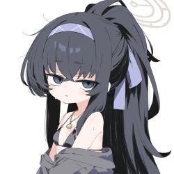 Rule 34 | 1girl, bare shoulders, bikini, black bikini, black eyes, black hair, blue archive, breasts, chibi, grey jacket, hairband, halo, highres, jacket, jewelry, light blush, long hair, looking at viewer, moru (monaka), off shoulder, parted lips, pendant, ponytail, simple background, small breasts, solo, string bikini, swimsuit, ui (blue archive), ui (swimsuit) (blue archive), upper body, wet, white background