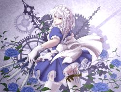 Rule 34 | 1girl, apron, blue flower, blue rose, dress, female focus, flower, gears, gloves, holster, izayoi sakuya, knife, looking back, maid, maid apron, maid headdress, panties, pantyshot, red eyes, rose, silver hair, solo, thigh holster, thighhighs, togisi masamune, touhou, underwear, weapon, white panties, white thighhighs