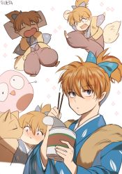 Rule 34 | 1boy, aged up, blue bow, bow, brown hair, child, chopsticks, cup, fur trim, hair between eyes, hair bow, high ponytail, holding, inuyasha, japanese clothes, multiple views, pointy ears, ponytail, shippou (inuyasha), simple background, sleeping, sukja