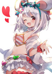 Rule 34 | 1girl, 40 (0f0urw), absurdres, animal ears, bare shoulders, blush, breasts, eyewear on head, fake animal ears, granblue fantasy, heart, highres, looking at viewer, miniskirt, mouse ears, one eye closed, open mouth, red eyes, sash, simple background, skirt, small breasts, smile, star-shaped eyewear, star (symbol), sunglasses, vikala (granblue fantasy), white hair, white skirt