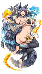 Rule 34 | 1girl, absurdres, animal ears, ass, barefoot, bell, bikini, unworn bikini bottom, black bikini, breasts, breasts apart, collar, collarbone, dot nose, eyelashes, fang, female focus, fire, floating hair, fox ears, fox girl, fox tail, functionally nude, granblue fantasy, grey hair, highres, huge breasts, linea alba, long hair, looking at viewer, navel, open mouth, plump, red eyes, shadow, sidelocks, skindentation, smile, solo, standing, swimsuit, tail, thick thighs, thighs, tsukasawa takamatsu, underboob, untied bikini, white background, wide hips, yuel (granblue fantasy)
