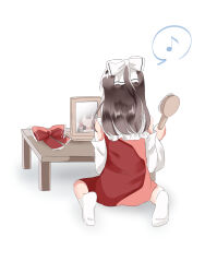 Rule 34 | 1girl, absurdres, bow, brown hair, commentary request, detached sleeves, frilled bow, frills, hair bow, hair brush, hakurei reimu, hidukihumi, highres, holding, holding hair brush, long hair, looking at mirror, mirror, musical note, red bow, reflection, sitting, solo, speech bubble, spoken musical note, table, touhou, white bow