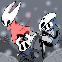 Rule 34 | 1boy, 1girl, 1other, arm up, arthropod boy, arthropod girl, black eyes, black skin, blank eyes, blue cape, blurry, blurry background, blush, blush stickers, cape, cloak, colored skin, full body, grey background, hand up, high collar, holding, holding weapon, hollow knight, hornet (hollow knight), knight (hollow knight), looking at viewer, mask, mask on head, nail (hollow knight), needle (hollow knight), outstretched arm, over shoulder, own hands together, quirrel, red cloak, sakana 2-gou, standing, string, two-handed, weapon, weapon over shoulder
