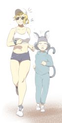 Rule 34 | 2girls, alternate costume, alternate hairstyle, animal ears, bad id, bad pixiv id, baseball cap, blonde hair, blush, bra, breasts, brown hair, chestnut mouth, collarbone, exercising, extra ears, grey hair, hat, jogging, kokoyashi, large breasts, looking at viewer, midriff, mouse ears, mouse tail, multicolored hair, multiple girls, navel, nazrin, open mouth, shorts, smile, sports bra, sunglasses, sweatband, tail, toramaru shou, touhou, track suit, two-tone hair, underwear, white bra