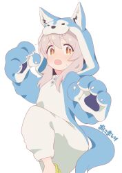Rule 34 | 1girl, :o, animal costume, animal ears, animal hands, blush, brown eyes, commentary, copyright name, embarrassed, gloves, grey hair, highres, hood, hood up, kiraringo, long hair, looking at viewer, onii-chan wa oshimai!, open mouth, oyama mahiro, paw gloves, simple background, solo, standing, standing on one leg, sweat, tail, white background, wolf costume, wolf ears, wolf hood, wolf tail, zipper pull tab