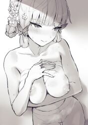 Rule 34 | 1girl, arm under breasts, ayaka (genshin impact), blush, braid, breasts, butterfly hair ornament, closed mouth, collarbone, cowboy shot, fingernails, flower, genshin impact, greyscale, hair flower, hair ornament, highres, jewelry, large breasts, long fingernails, mole, mole under eye, monochrome, nipples, pantyhose, ring, solo, sukoyaka93, sweat, topless