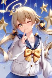 Rule 34 | 1girl, absurdres, blue archive, blue sailor collar, blue skirt, blush, bow, bowtie, breasts, brown eyes, buttons, halo, hifumi (blue archive), highres, light brown hair, long hair, long sleeves, looking at viewer, low twintails, one eye closed, pleated skirt, sailor collar, shirt, skirt, small breasts, smile, solo, twintails, white shirt, wing hair ornament, wsman, yellow bow