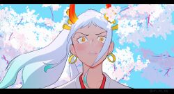 Rule 34 | 1girl, aqua hair, blue sky, blush, cherry blossoms, earrings, floating hair, hair ornament, highres, horns, japanese clothes, jewelry, kimono, letterboxed, looking ahead, multicolored hair, oh no 66, one piece, orange eyes, sidelocks, sky, solo, white hair, white kimono, yamato (one piece)