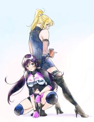 Rule 34 | &gt;:), 2girls, arm strap, ayase eli, bad id, bad pixiv id, belt, between legs, black footwear, blonde hair, blue eyes, boots, character name, clothing cutout, coffee cup, cup, disposable cup, elbow gloves, finger gun, fingerless gloves, gloves, green eyes, hand between legs, high heel boots, high heels, highres, knee pads, leaning on person, long hair, looking at viewer, love live!, love live! school idol festival, love live! school idol project, multiple girls, navel, navel cutout, phantom thief erichika, pink gloves, pink scrunchie, ponytail, purple hair, race queen, scrunchie, sleeveless, spread legs, squatting, standing, thigh boots, thighhighs, tojo nozomi, twintails, v-shaped eyebrows, white scrunchie, zawawa (satoukibi1108), zipper