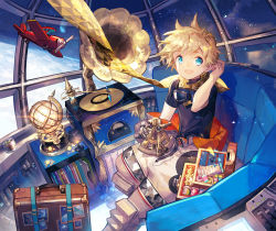 Rule 34 | 1boy, aircraft, airplane, blonde hair, blue eyes, fate/grand order, fate/requiem, fate (series), goggles, goggles around neck, lamp, male focus, phonograph, record, scarf, scorpion5050, sextant, sky, smile, solo, space, spacesuit, star (sky), starry sky, suitcase, voyager (fate), voyager (third ascension) (fate)
