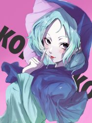 Rule 34 | 1girl, black eyes, blue dress, blue hair, blue hood, blush, character name, colored skin, commentary request, cookie (touhou), dress, flour (cookie), highres, hood, johnnyyyyy, kumoi ichirin, long sleeves, looking at viewer, medium hair, open mouth, pink background, solo, tongue, tongue out, touhou, upper body, white skin