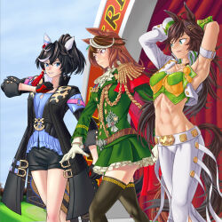Rule 34 | 3girls, animal ears, armpits, arms behind head, arms up, black coat, black gloves, black hair, black shorts, black thighhighs, blue eyes, blue shirt, blue sky, breasts, brown hair, character request, choker, coat, commentary request, cowboy shot, crop top, cropped jacket, day, epaulettes, feet out of frame, fukami (trash sp), gloves, green eyes, green jacket, green shirt, green skirt, grin, hat, high collar, highres, horse ears, horse girl, horse tail, jacket, katsuragi ace (umamusume), long hair, long sleeves, medium breasts, midriff, mini hat, miniskirt, mr. c.b. (umamusume), multiple girls, navel, open clothes, open coat, open jacket, outdoors, pants, parted lips, ponytail, purple eyes, ribs, shirt, short shorts, shorts, single sleeve, skirt, sky, smile, standing, stomach, strapless, strapless shirt, symboli rudolf (umamusume), tail, thighhighs, thighs, umamusume, very long hair, white gloves, white headwear, white jacket, white pants