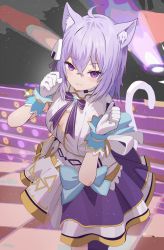 Rule 34 | 1girl, ahoge, animal ears, blue bow, bow, cat ears, cat girl, cat tail, commentary, dress, fang, feet out of frame, food-themed hair ornament, gloves, hair between eyes, hair ornament, highres, hololive, idol, looking at viewer, nekomata okayu, official alternate costume, onigiri hair ornament, purple eyes, purple hair, ruka tou, short hair, skin fang, smile, solo, tail, virtual youtuber, white dress, white gloves, wrist cuffs