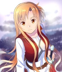 Rule 34 | 1girl, asuna (sao), blouse, brown eyes, brown hair, closed mouth, collarbone, hair intakes, hand on hilt, highres, long hair, long sleeves, looking at viewer, open clothes, open vest, pleated skirt, red skirt, red vest, sheath, sheathed, shirt, skirt, solo, sword, sword art online, sword art online progressive, tu tora2, upper body, very long hair, vest, weapon, white shirt