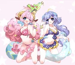 Rule 34 | 2girls, :d, ahoge, animal ears, bad id, bad pixiv id, bare legs, bare shoulders, barefoot, big hair, bikini, blue eyes, blush, breasts, cleavage, curled horns, dyed ahoge, full body, glint, hands up, horns, innertube, kneeling, large breasts, long hair, looking at viewer, mamaloni, medium breasts, moa (show by rock!!), multiple girls, navel, one eye closed, open mouth, parted lips, pink hair, purple bikini, purple eyes, purple hair, round teeth, show by rock!!, smile, swim ring, swimsuit, teeth, very long hair, water gun, wristband