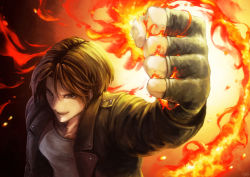 Rule 34 | 1boy, absurdres, brown eyes, brown hair, clenched hand, fingerless gloves, fire, food fighter 441, gloves, highres, jacket, kusanagi kyou, male focus, open mouth, pyrokinesis, shirt, short hair, snk, solo, t-shirt, the king of fighters, the king of fighters xiii