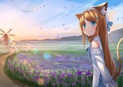 Rule 34 | 1girl, absurdres, akinakesu-chan, animal, animal ears, bare shoulders, beret, bird, blue eyes, blush, brown hair, cat ears, cat girl, cat tail, closed mouth, commentary request, day, detached sleeves, dress, flower, hair ornament, hairclip, hat, highres, long hair, long sleeves, looking at viewer, looking to the side, original, outdoors, parted bangs, petals, purple flower, sleeveless, sleeveless dress, smile, solo, sunset, tail, tail raised, very long hair, white dress, white hat, white sleeves, windmill