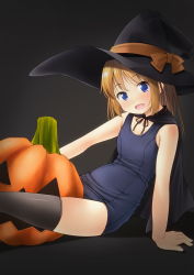 Rule 34 | 1girl, :d, bare arms, bare shoulders, black cape, black hat, black thighhighs, blonde hair, blue eyes, blue one-piece swimsuit, bow, cape, commentary request, halloween, hat, hat bow, highres, jack-o&#039;-lantern, long hair, looking at viewer, old school swimsuit, one-piece swimsuit, open mouth, orange bow, original, school swimsuit, shibacha, smile, solo, swimsuit, thighhighs, thighs, witch hat